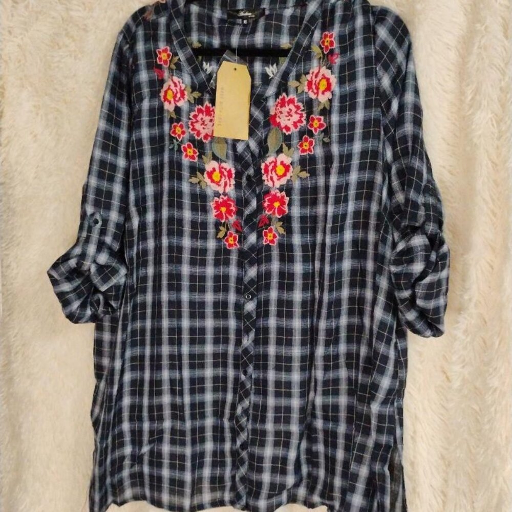 ANDREE By UNIT Shirt Button Front Floral Embroidered Boho Top NWT